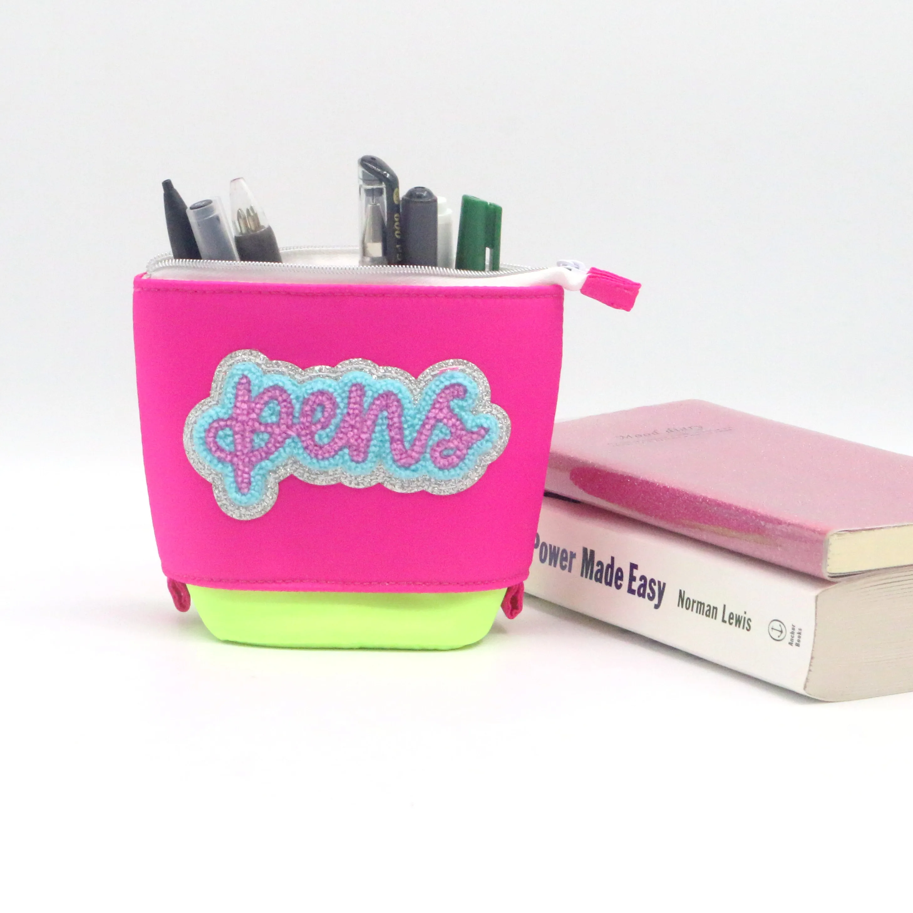 Hot Sale Popular Nylon Retractable Pencil Pouch Eye-catching Pink Green Nylon Stitching Pop-up Pencil Case Bag