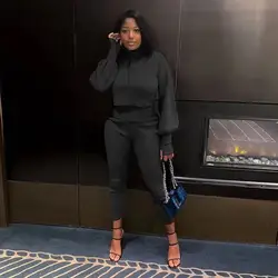 Женский однотонный костюм из двух предметов, повседневный длинный костюм на молнии с рукавами-фонариками, осень 2021