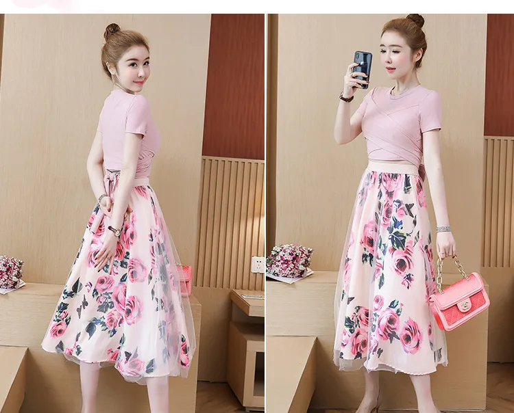 2023 Women Irregular T Shirt+Mesh Skirts Suits Bowknot Solid Tops Vintage Floral Skirt Sets Elegant Woman Two Piece Set