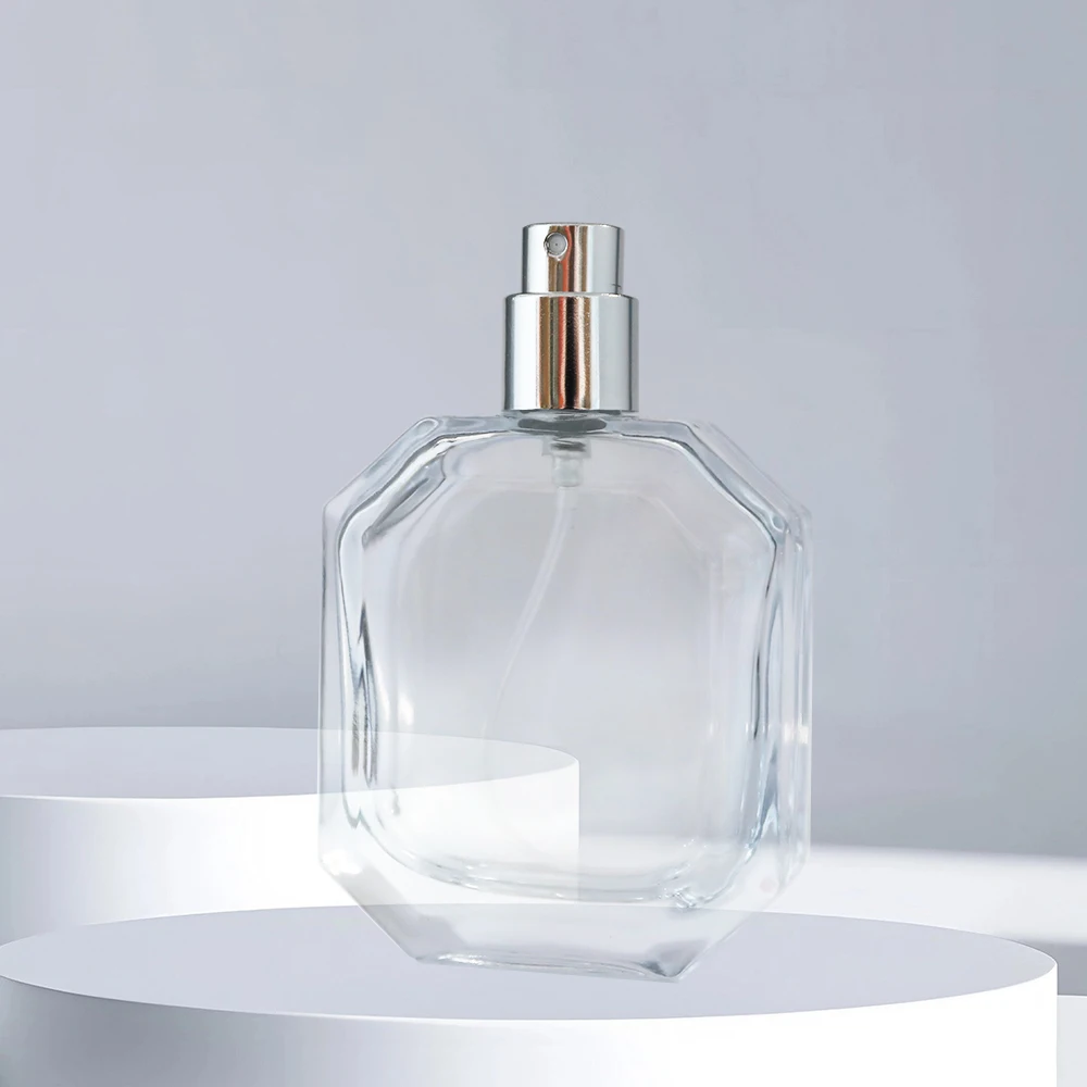 New Design 30ml 50ml 100ml Empty Silver Sprayer Clear Flat Rectangle Luxury Cosmetic Perfume Spray Glass Bottle