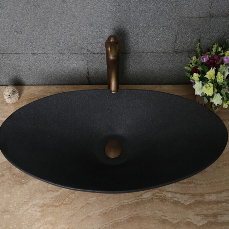 Bathroom Kitchen Sink Freestanding Natural Stone Black Marble Basin