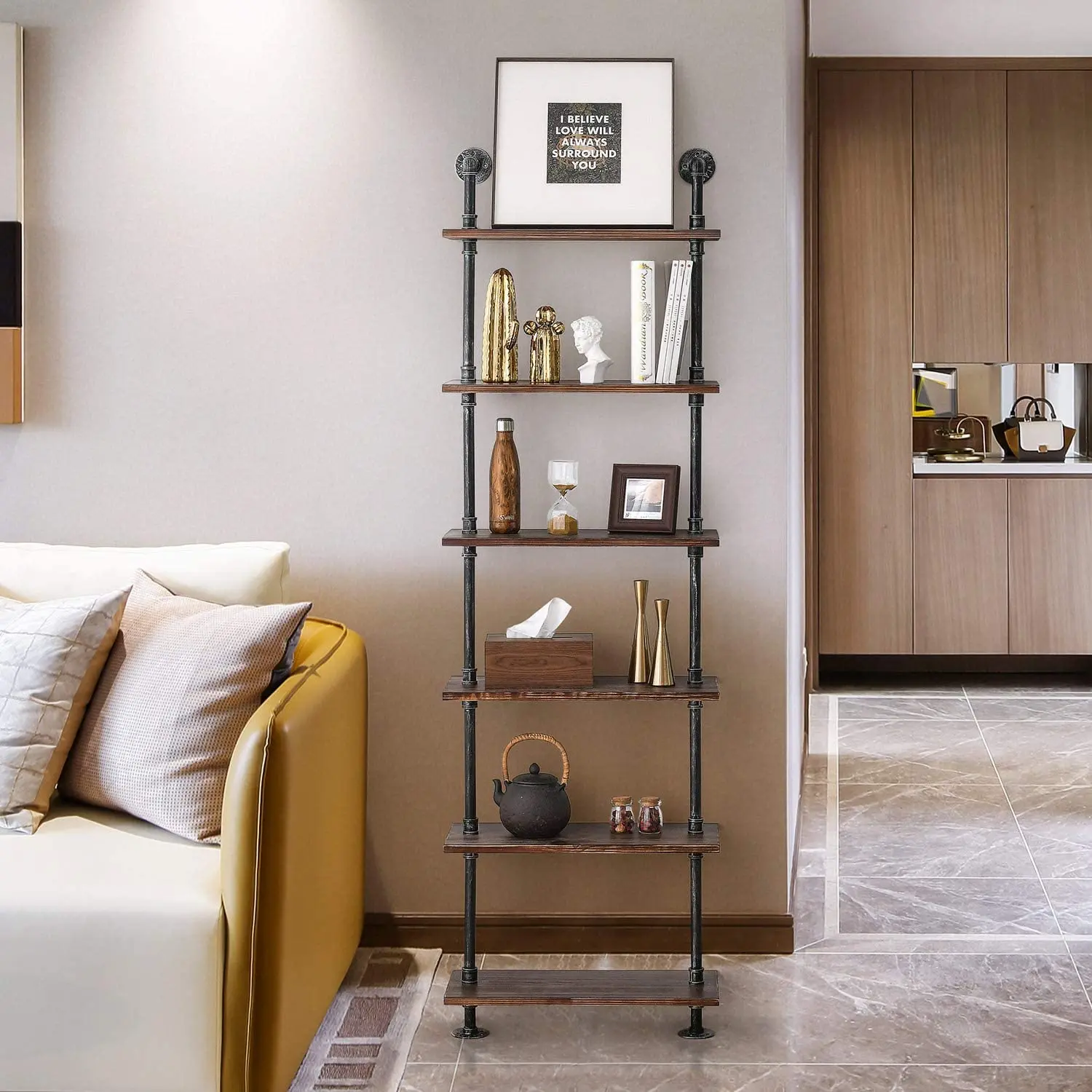 Modern Simple Design Wooden Wall Mounted 6 Tiers Glass Store Display Rack Bookshelf Lounge Study Desk with Bookshelf