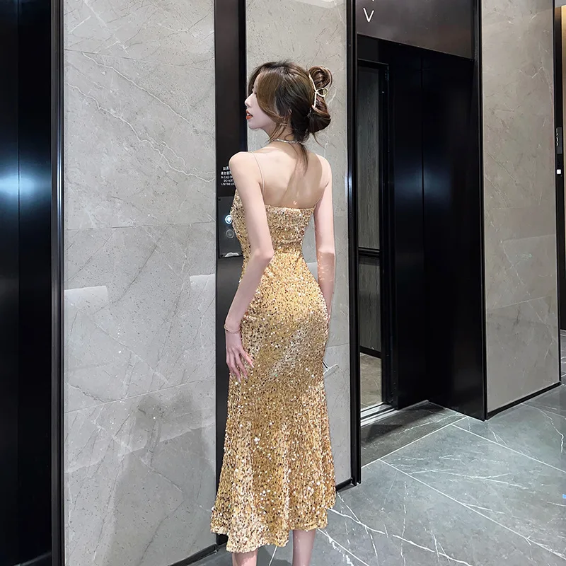 Shiny Velvet Sequined Sexy V-Neck Evening Sling Dress Long Fishtail Skirt