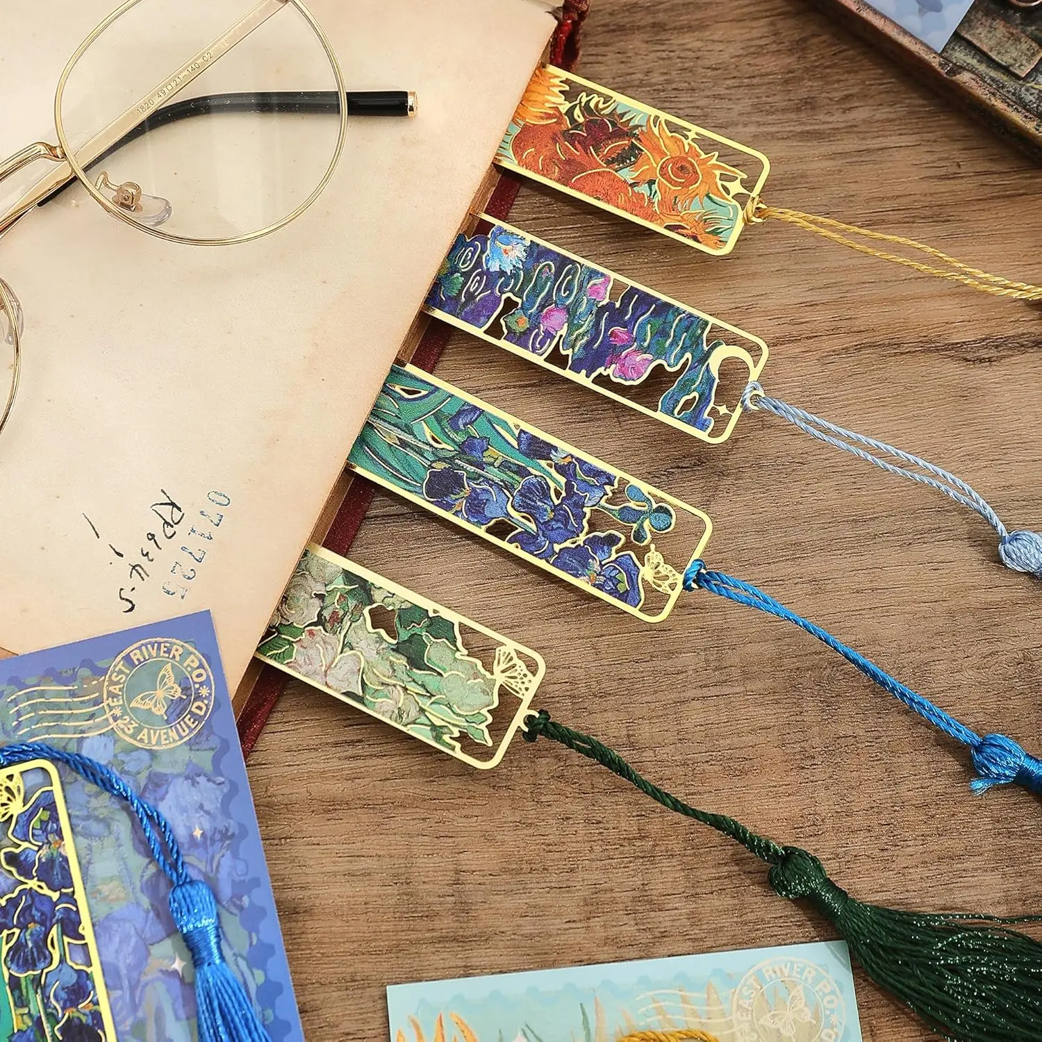 Metal Bookmarks with Tassel Golden Hollow Bookmark Van Gogh Oil Painting Theme Book Mark Bookmarks