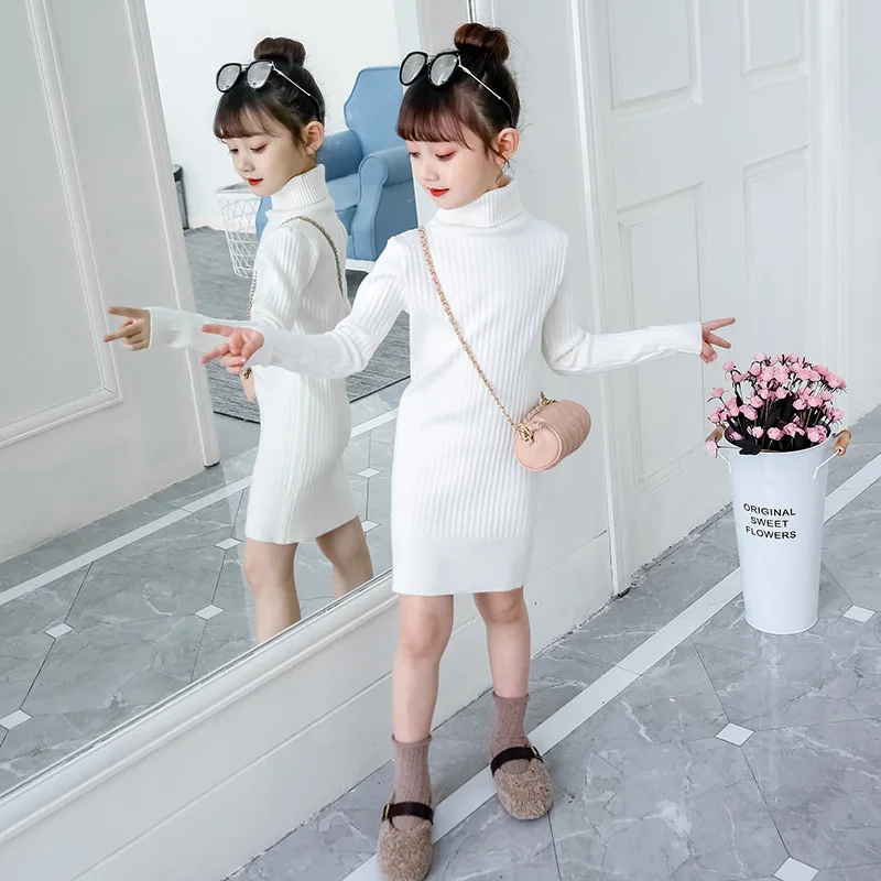 
Korean Girls sweater children turtleneck bag hip knitted skirt kids plus velvet mid-length bottoming sweater dress 