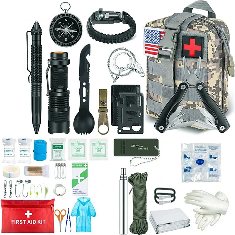 First Aid Supplies for SOS Emergency Tactical Hiking Hunting Disaster Camping Adventures 3m Rope Survival Kit 72 in 1