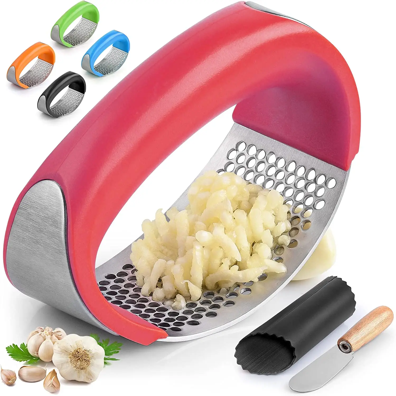 Amazon Hot Sell Manual Crusher Kitchen Accessories Tool Garlic Peeler Brush Stainless Steel Garlic Press