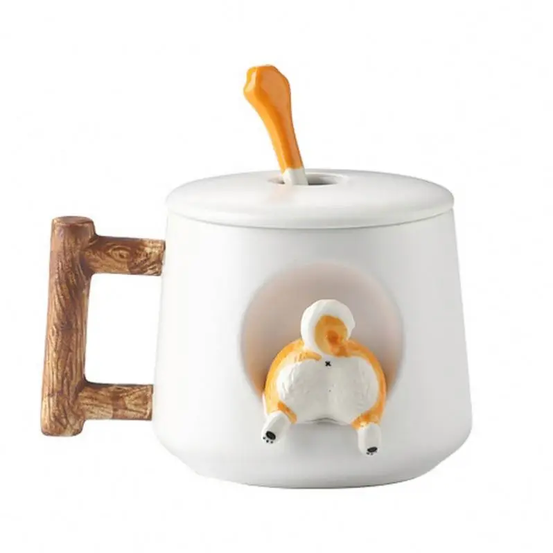High Quality Custom 420ml Cute Cartoon Office Ceramic Coffee Shiba Inu Mug With Lid And Spoon Gift