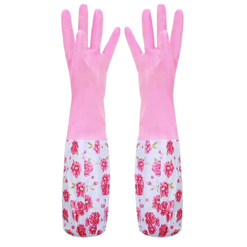 Household gloves plus fleece kitchen dishes laundry latex gloves Durable rubber gloves waterproof long factory direct sale