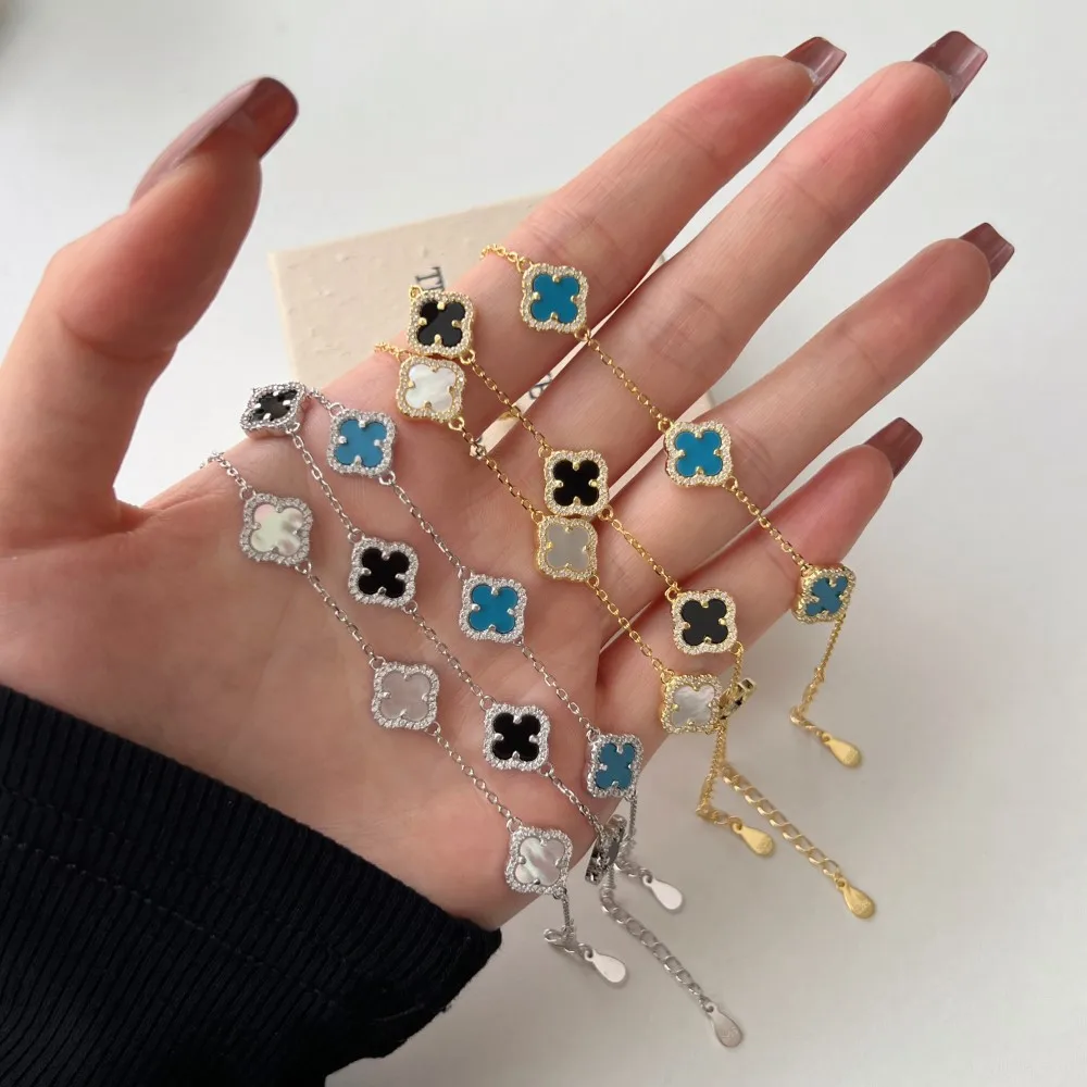 High Quality Four Leaf Clover 925 Sterling Silver Charm Bracelet Bangle Silver 925 Bracelets S925 Clover Jewelry Sets