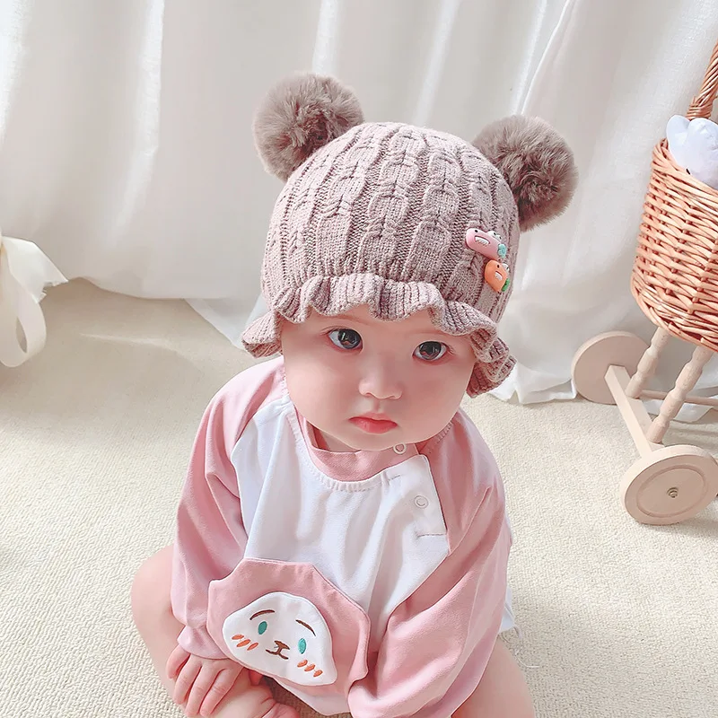 
 Winter Cute Ruffle shape Knitted hat with double plush balls warm wool hat  