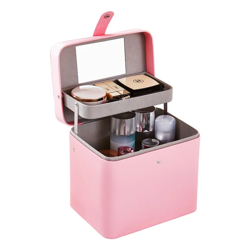 Wholesale New Large Capacity Portable Cosmetic case PU Cosmetic Desktop Storage Box with Mirror