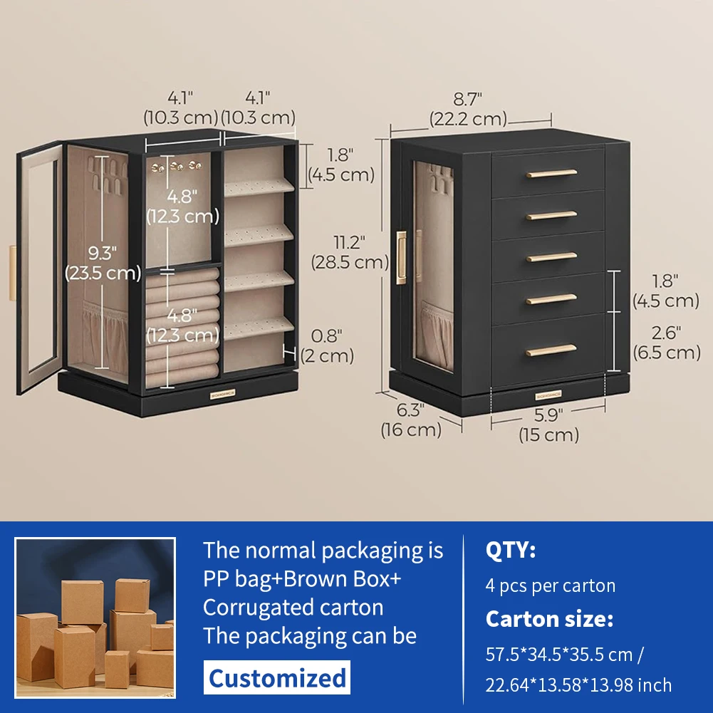 Rotating Glass Window Jewelry Storage Case with 5 Drawers  Big Jewelry Box Luxury Vertical Jewelry Storage