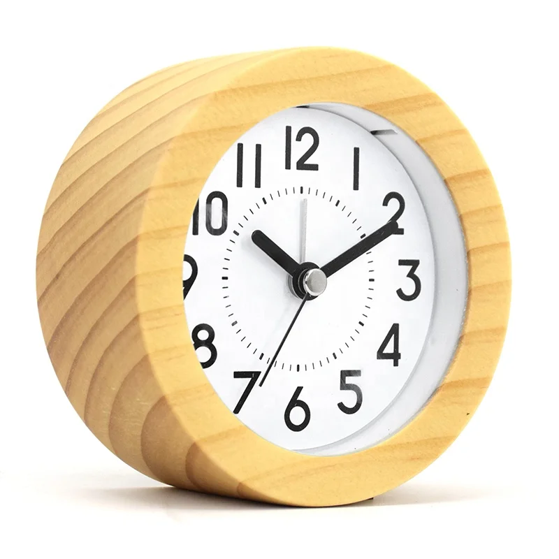 Small size mini solid wood frame quartz analog wooden square alarm clock for table desk decor