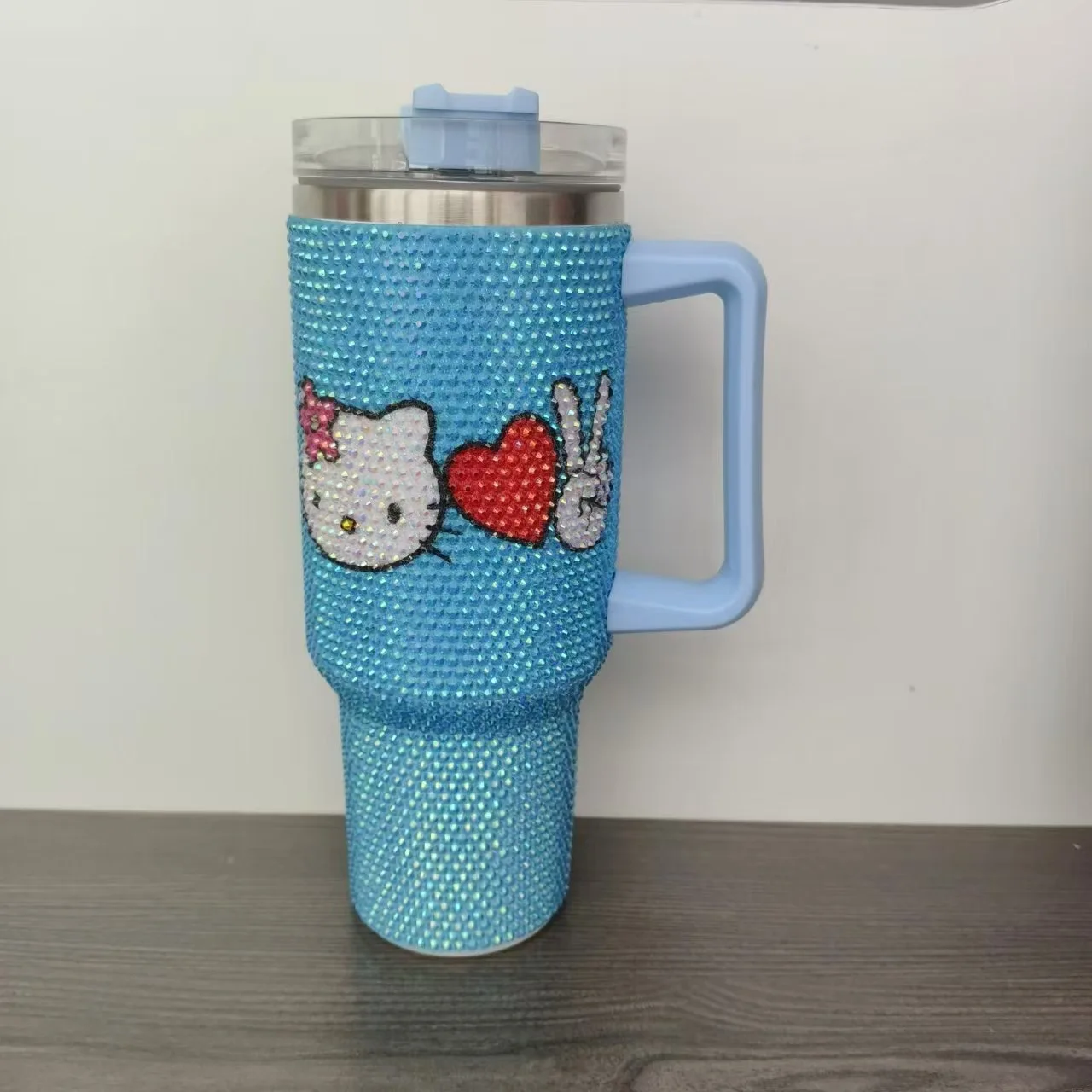 Botu Rhinestone Tumbler 40oz Handle Water Cups Creative Cartoon Kt Cat Diamond Crystal Tableware Portable Outdoor Water Cup