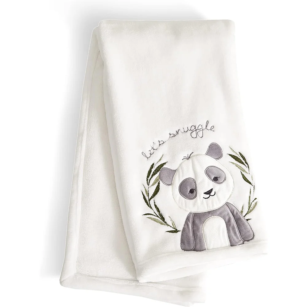 Exquisite Panda Appliqued and Embroidery Baby Bed Cozy Nursery Skin Friendly Soft Towel Cream Ultra Plush Blankets