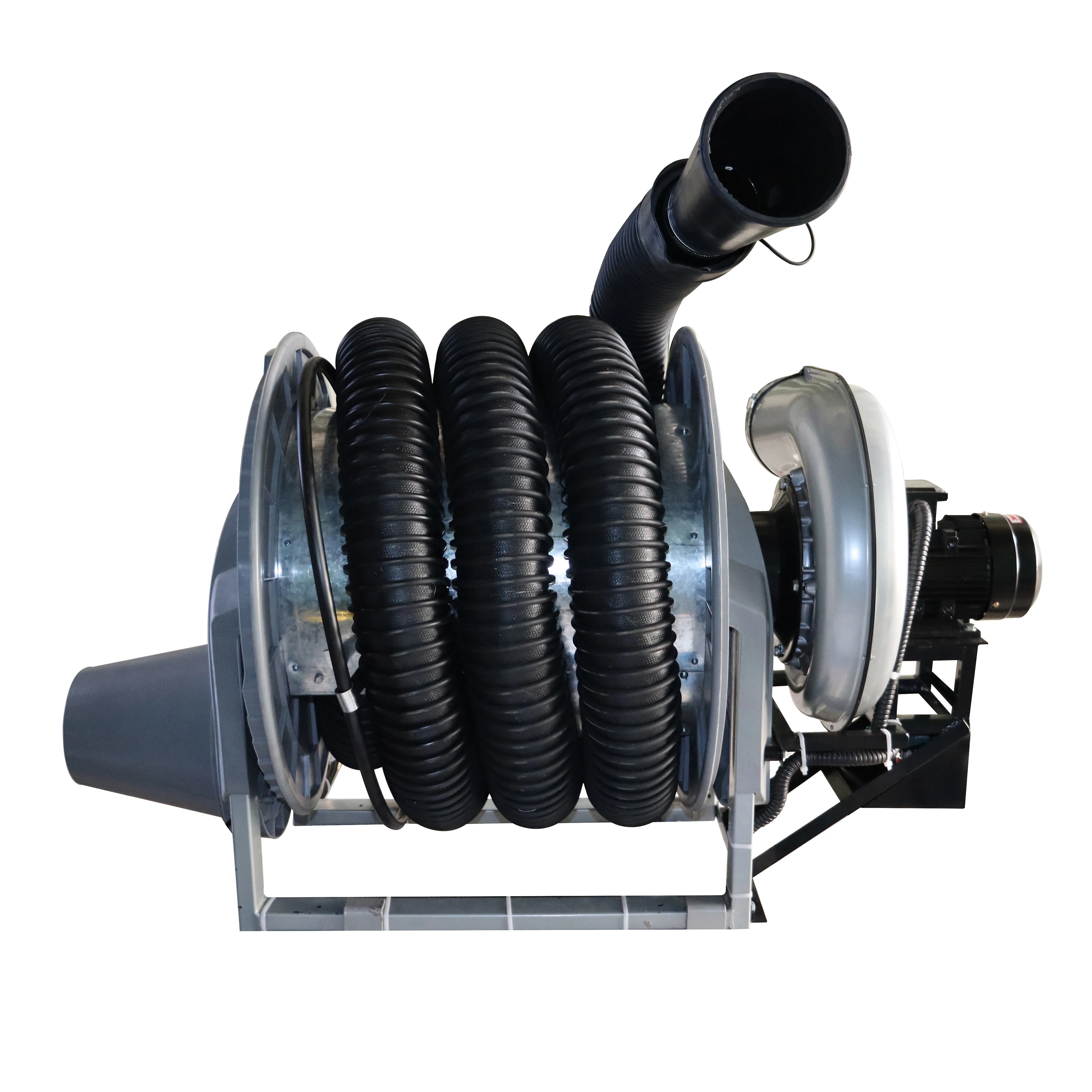 Motor exhaust gas removal hose reel with direct mounted fan