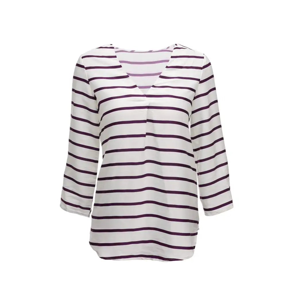 
2020 hot office ladies long contrast color striped 3/4 sleeve silk blouse 