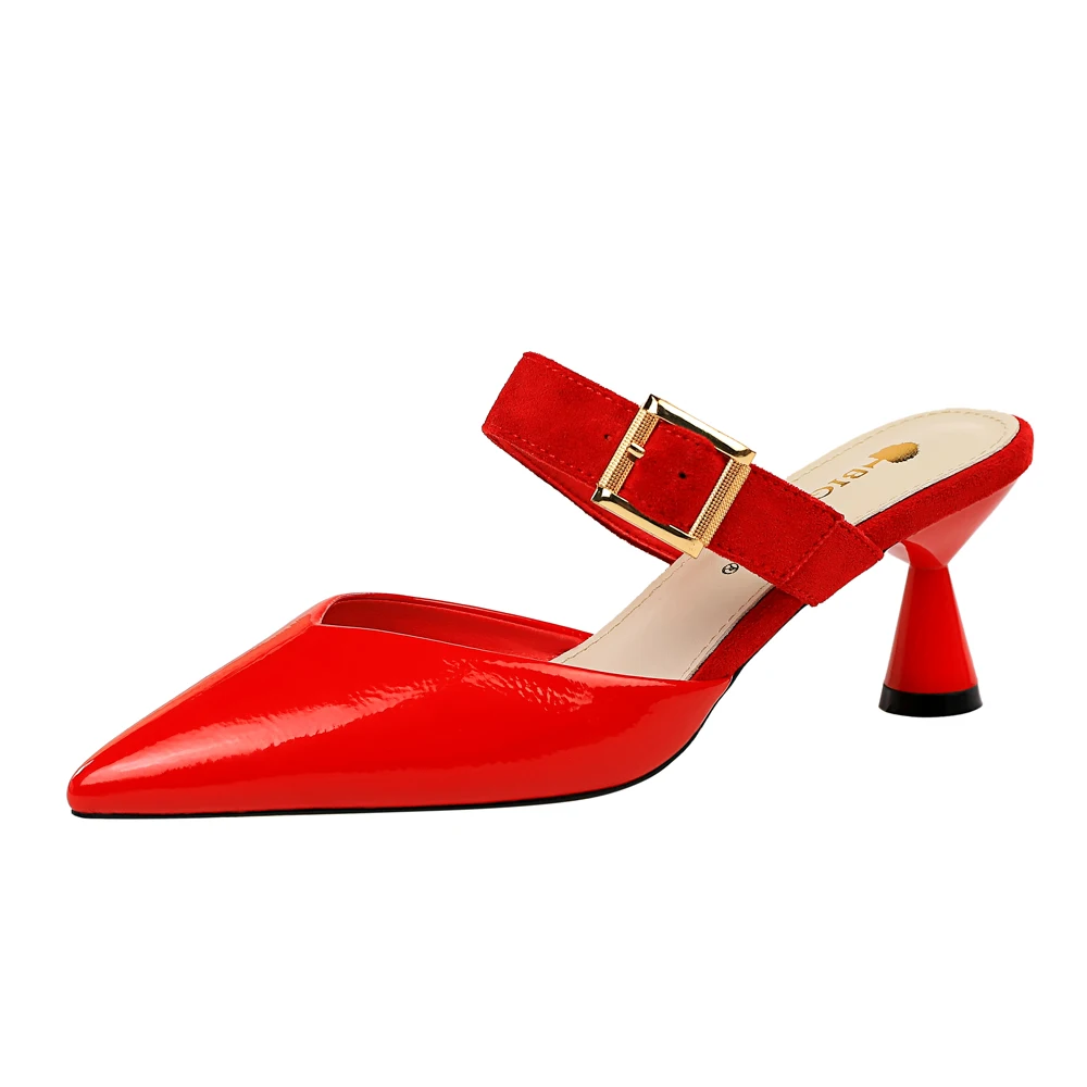 906-1Korean version of the simple baotou slippers high-heeled shallow mouth pointed metal belt buckle hollow female slippers