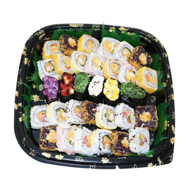 Sushi box plastic tray with lid custom logo takeaway food packaging