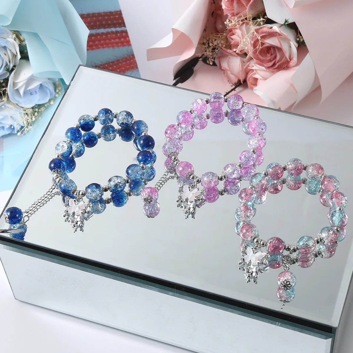 INS Fantasy Popcorn Cracked Crystal Beads Bracelet Butterfly Charm Gradient Color Girl Women Friendship Bracelets Jewelry Gift
