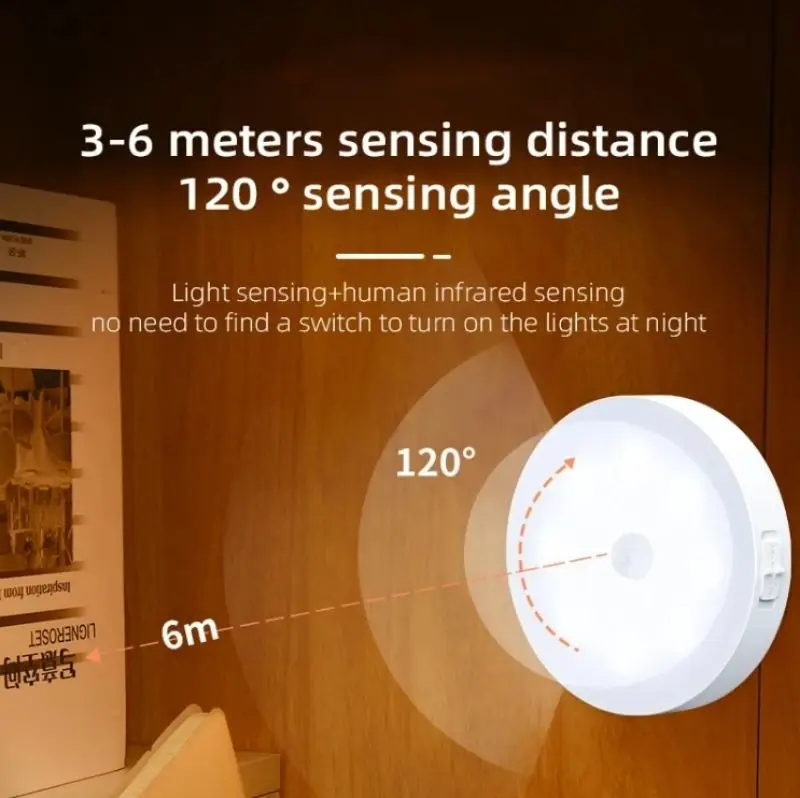Round Smart LED Night Light Battery Powered Cabinet Bedside Bedroom Closet Closet Lighting Magnetic Suction Sensor Light
