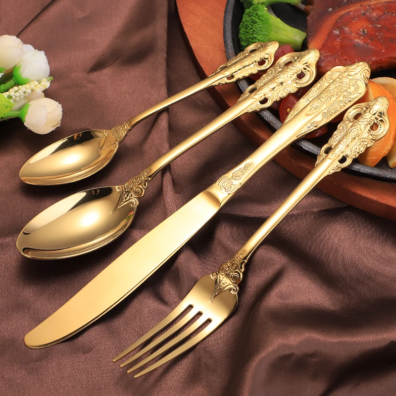 Vintage 18/10 Stainless Steel Food Grade Cutlery Sets,Baroque Style Flatware Sets For Wedding Events