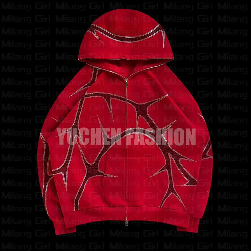 100% Cotton Streetwear Heavy Weight Men Zip Up Rhinestone Hoodie Manufacturer Custom Logo Print Rhinestone Full Zip Up Hoodie