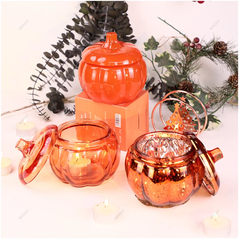 Factory New Style Glass Candle Vessels Red Amber Halloween Pumpkin Candle Jar with Lid