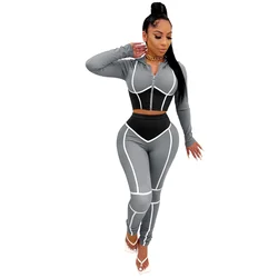 2021 Womens Fall Clothing Contrast Color Long Sleeve Hoodie Crop Top Two 2 Piece Pants Set Women Workout Clothes Tracksuits