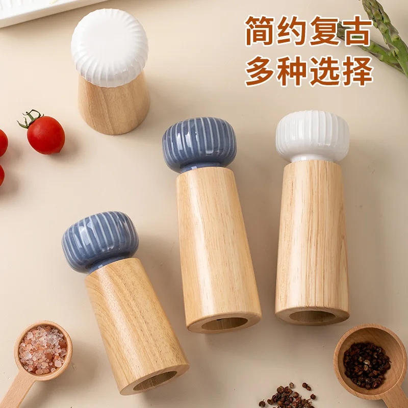 Eco-friendly Hand-operated Wooden Pepper Grinder Convenient Ceramic Seasoningf Jar With Anti-dust Ceramic Lid