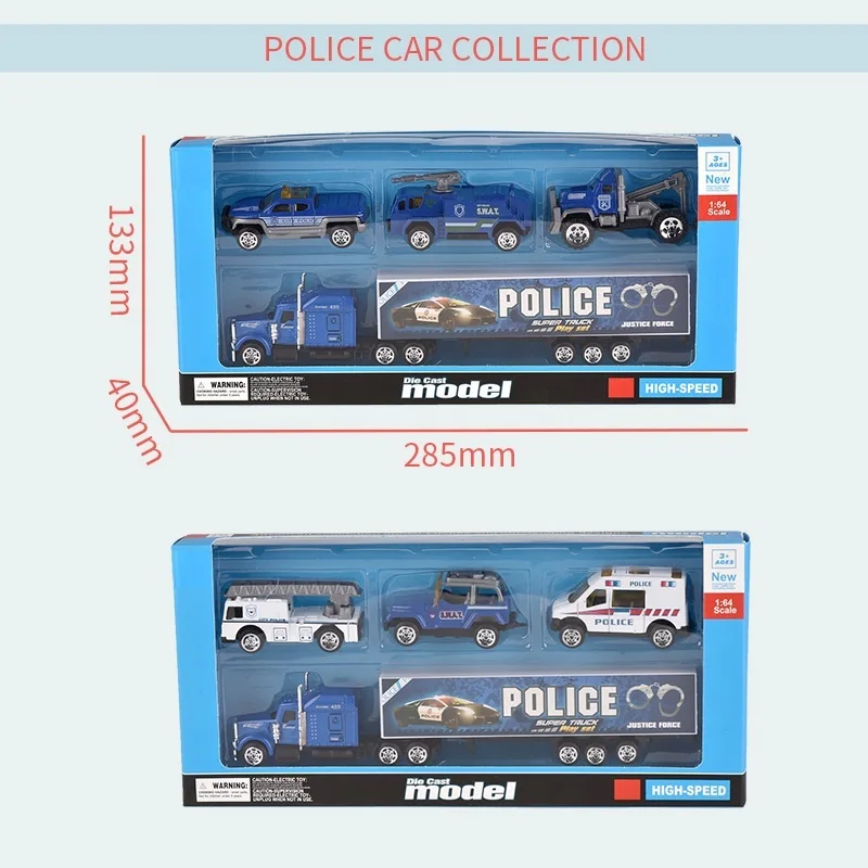 Children play set diecast metal vehicles  police car toy three police cars in the taxi with long tractors