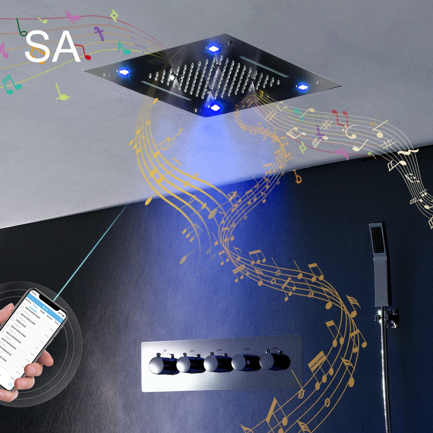 Salina 16 inches Rain and Waterfall Embedded Ceiling LED Music Shower Head Bathroom Thermostatic Shower Faucet Panel Set