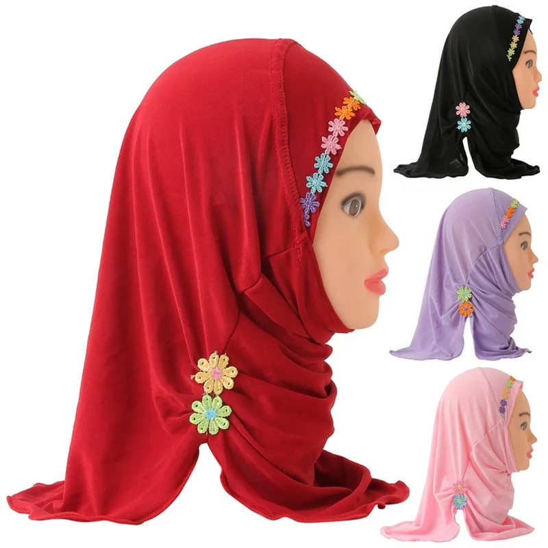 Wholesale Kids Hijabs Polyester Solid Color Embroidered Floral Headscarves Hijab Kid Malaysia Turban Hat Kids Hijab Children