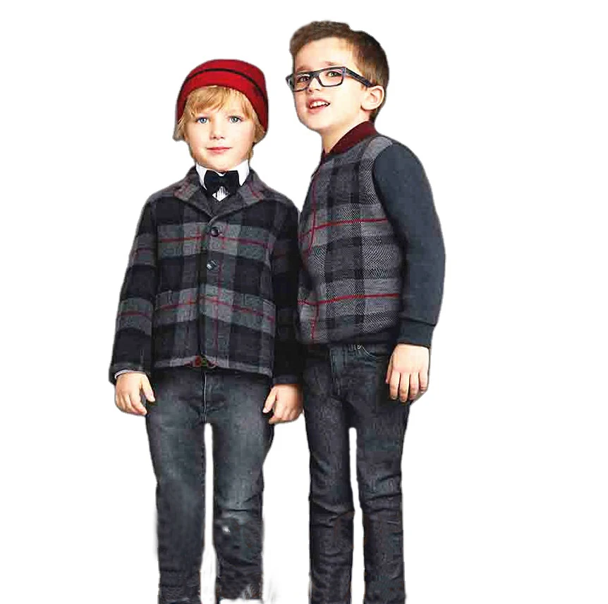Kids clothing set winter style customized woolen coat jeans set plaid fabric jacket boys set