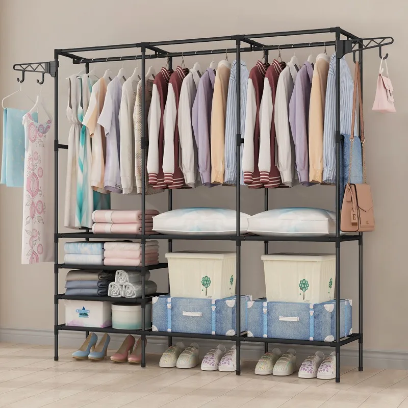 Household Wardrobe Hanger Free Standing Multifunctional Clothes Wardrobe Three Row Bedroom Coat Rack