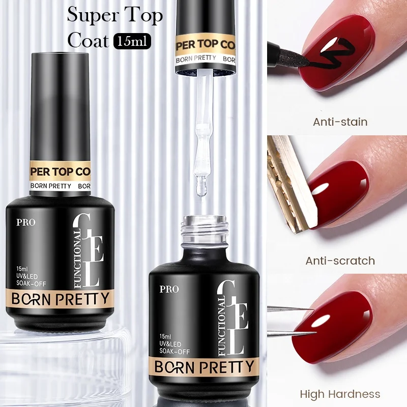 BORN PRETTY PRO High Glossy Shiny Long Lasting Gel Top Coat Nail Polish 15ml OEM Custom Logo No Wipe Clear Gel Base and Top Coat