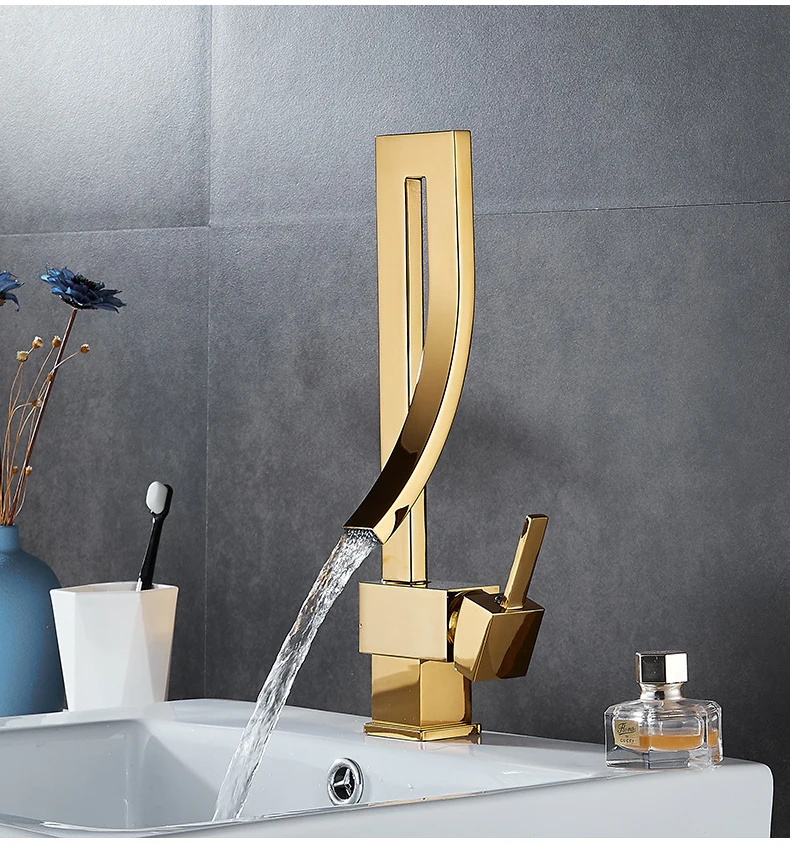 Deck Mounted Bathroom Sink Faucet Waterfall Tap Mixer Gold Kitchen Faucet Creative Design Faucets