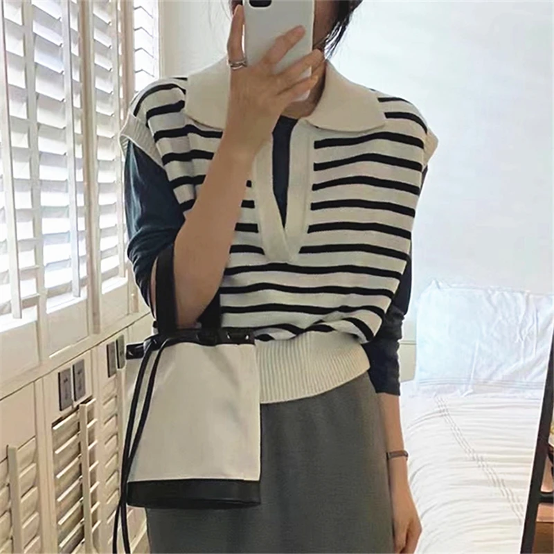 Spring Autumn Women Sweaters Pullovers Striped Sleeveless Knitted POLO Collar Wild Short Vests