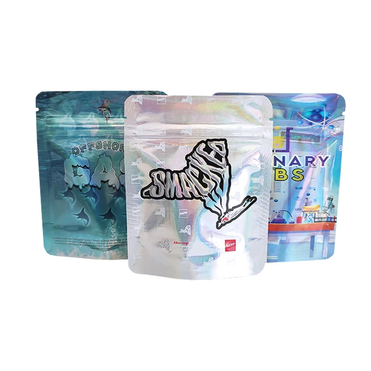 Custom Printed 3.5g 7g 14g 28g Edibles Packaging Holographic Resealable Smell Proof Stand Up Pouch ZipLock Mylar Bags