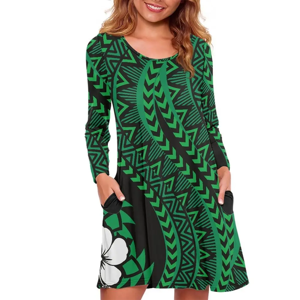 Hawaiian Flower Tribal Tattoo Design Style Women Dresses Casual Summer Long Sleeve O-Neck T-Shirt Loose Dress with Pockets