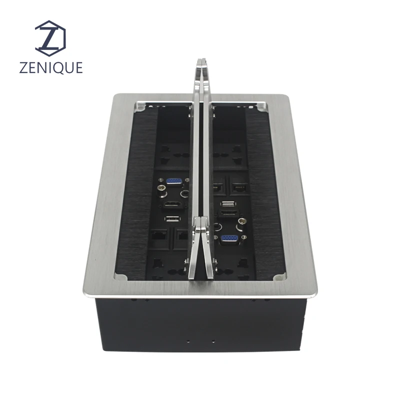 Conference Table Double Cover Open Soft Close Multi USB VGA Net Socket Outlet Box Aluminum Alloy Hidden Desktop Power Socket