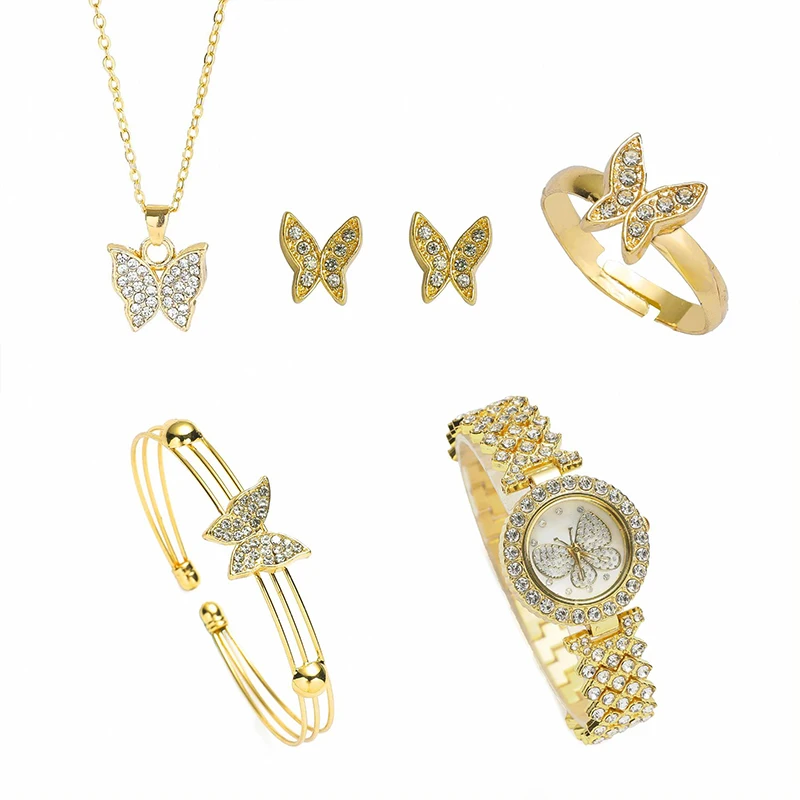 Fancy Ice Out Shiny Diamond Butterflies Ring Earrings Necklace Bracelet Watch Gift Set For Women