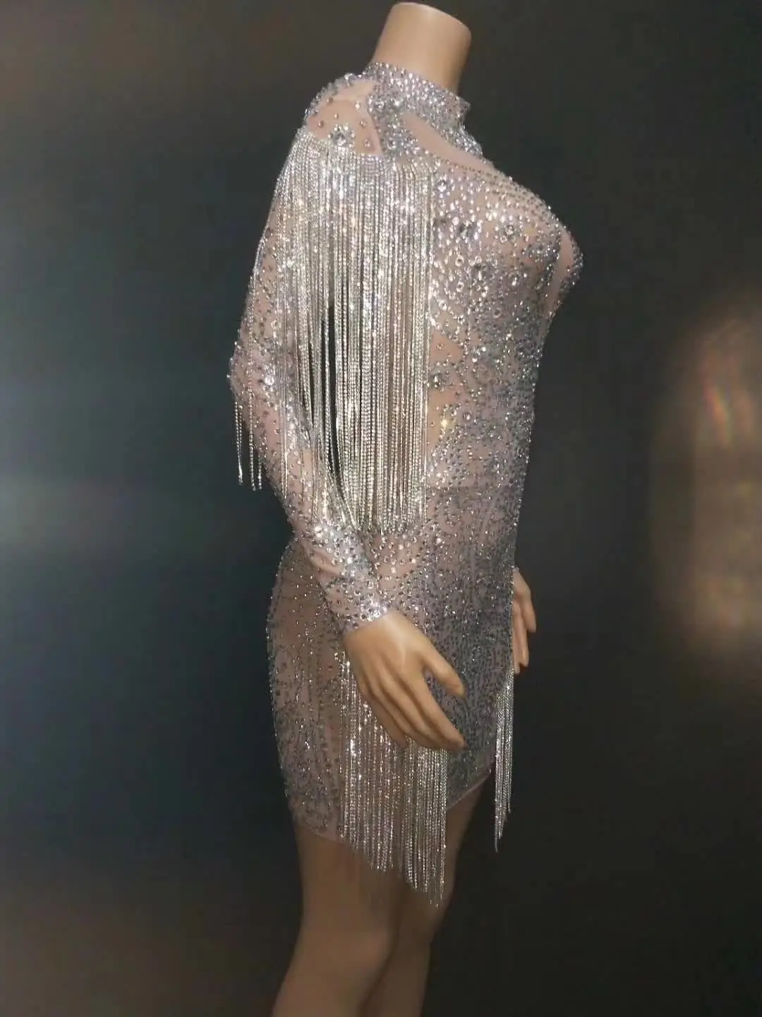 Luxury Performance Roupas Rhinestone Tassel Mesh Sequin See Through Party Birthday Stage Outfits Costume De Danse Dancer Dress