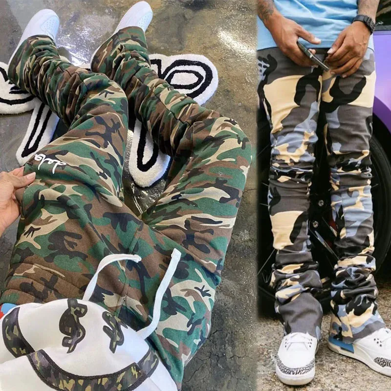 Mens Jogger Camo Pants Fitness Tracksuit Sweatpants Trousers Custom Camouflage Stacked Flare Sweat Pants For Men