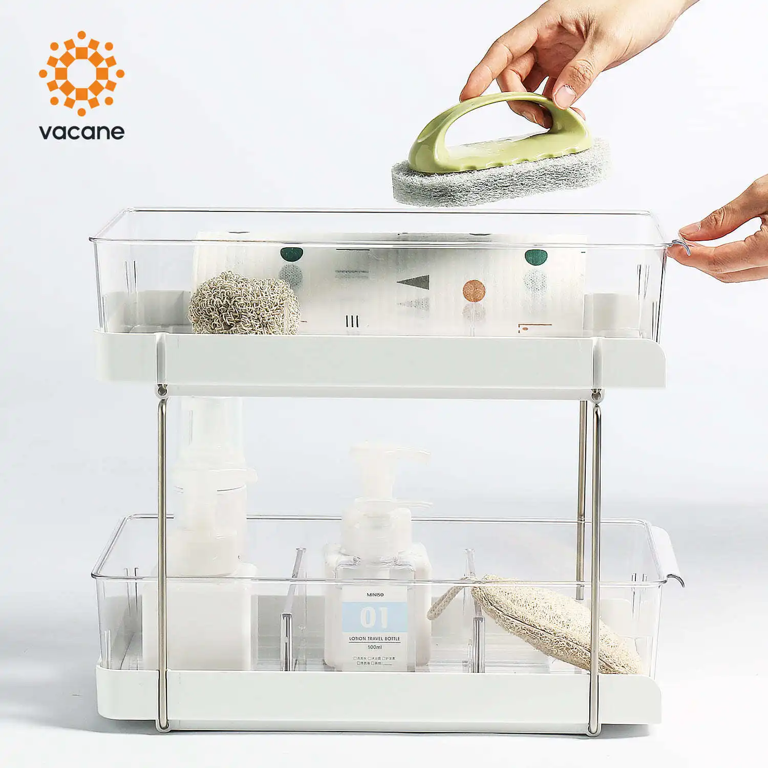 Vacane Fashion Design Utility Shelf Collapsible Rack 2 Layers White Kitchen Bathroom Plastic Under Sink Cabinet Organizer