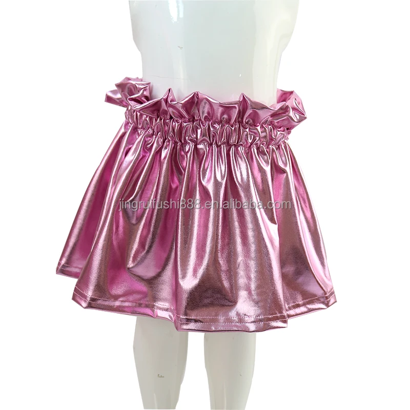 2024 Hot Selling Multi Solid Color Print Baby PU Leather Dress Kids Girls Boutique Shiny Custom High Elastic Waist Mini Skirts