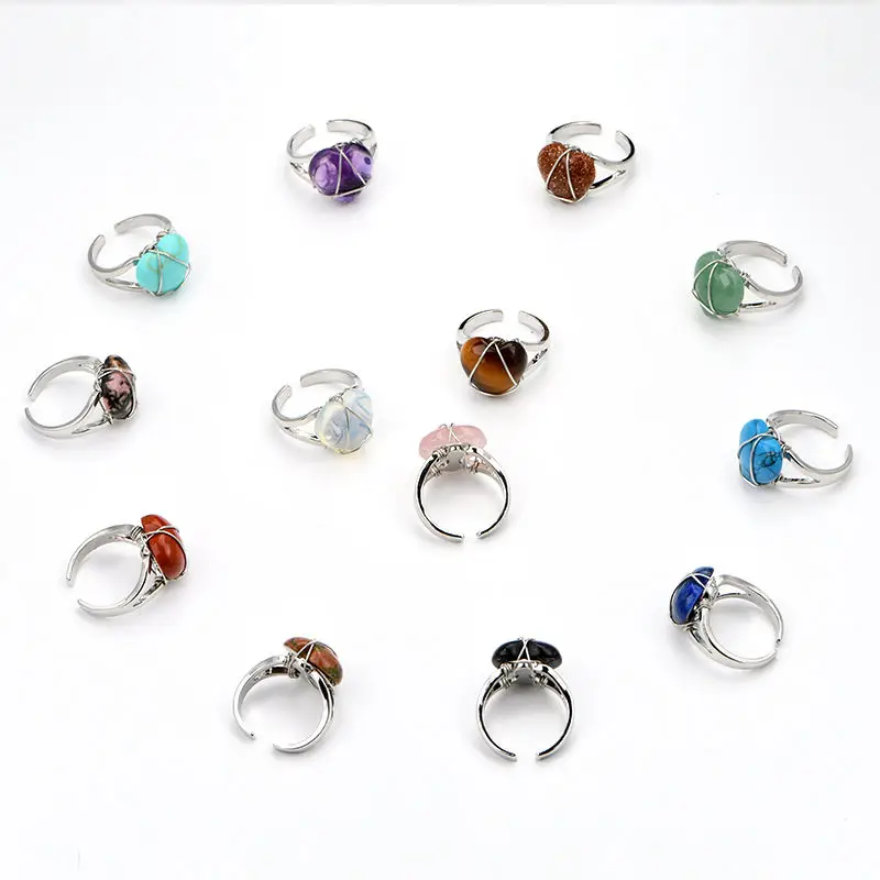 Wholesale Heart Shape  Handmade Craft Hand Wire Wrapped Gemstone Crystal Ring for Women and Girls Jewelry