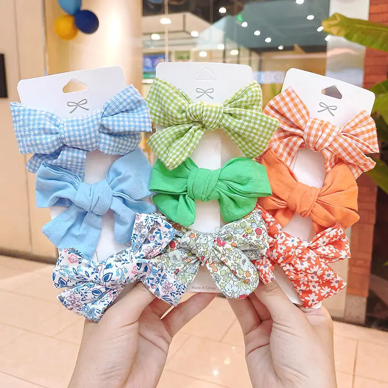 Korean Children Small Fresh Floral Bowknot Hair Clips Large Plaid Floral Solid Color Bow Hair Clip Sets for Kids
