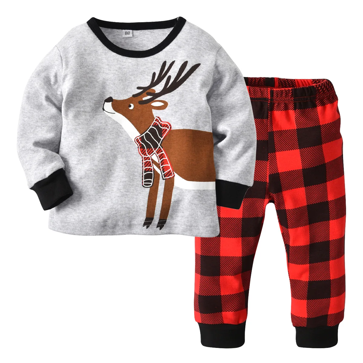 New Christmas Deer Printed Anmimal Cartoon Red Plaid Knitted Breathable Sleepwear boys sets 1 to 5 Years Christmas Pajamas Kids